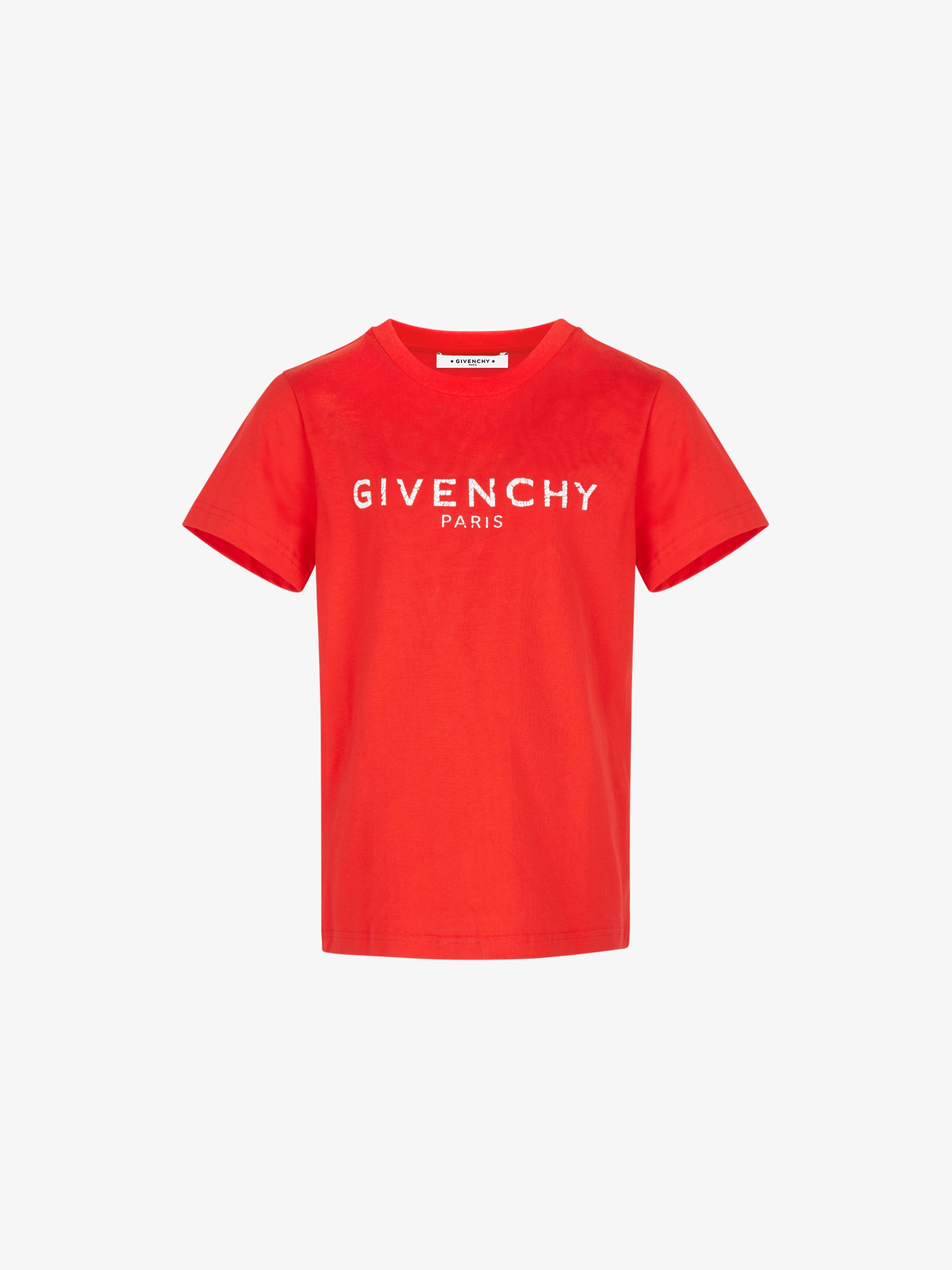 html          更少细节  红色针织t恤,胸前饰有白色givenchy paris