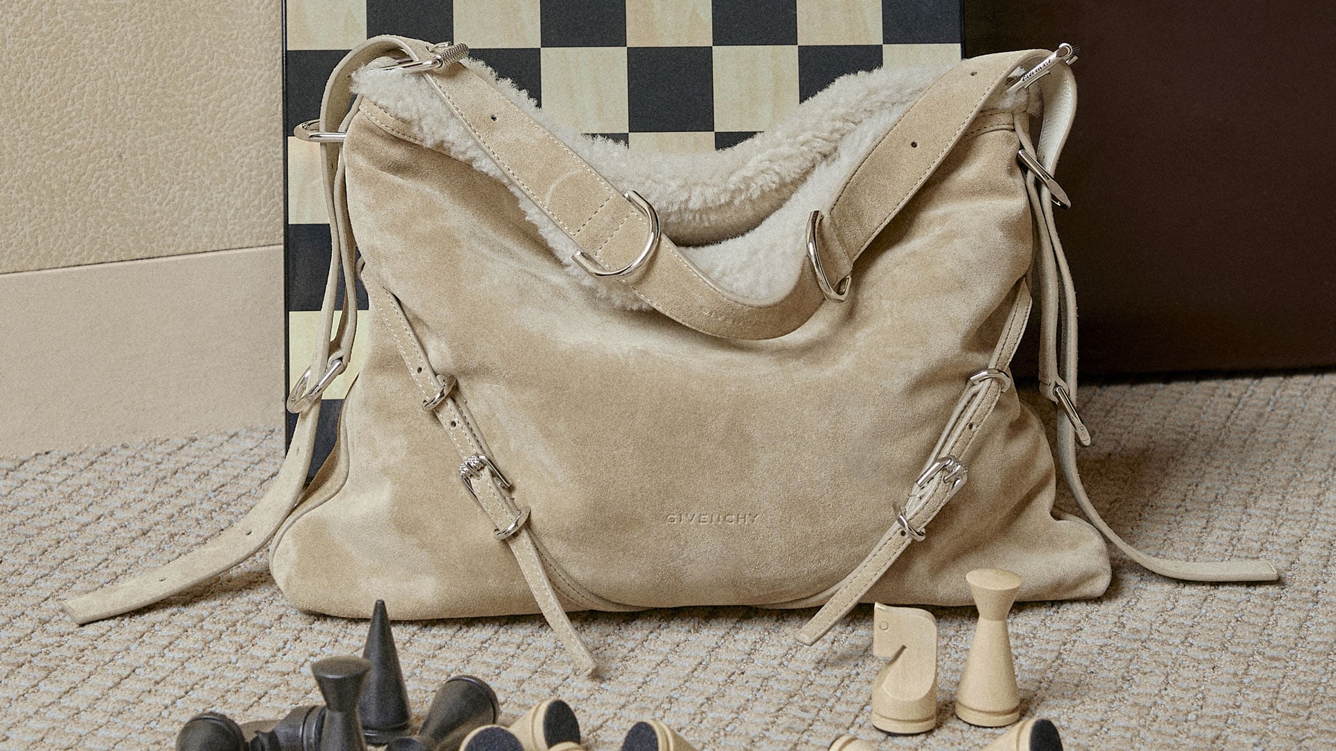 Medium Voyou bag in suede and shearling