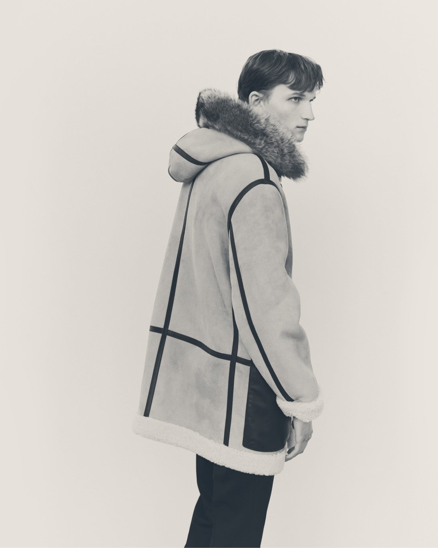 Duffle coat in shearling and leather