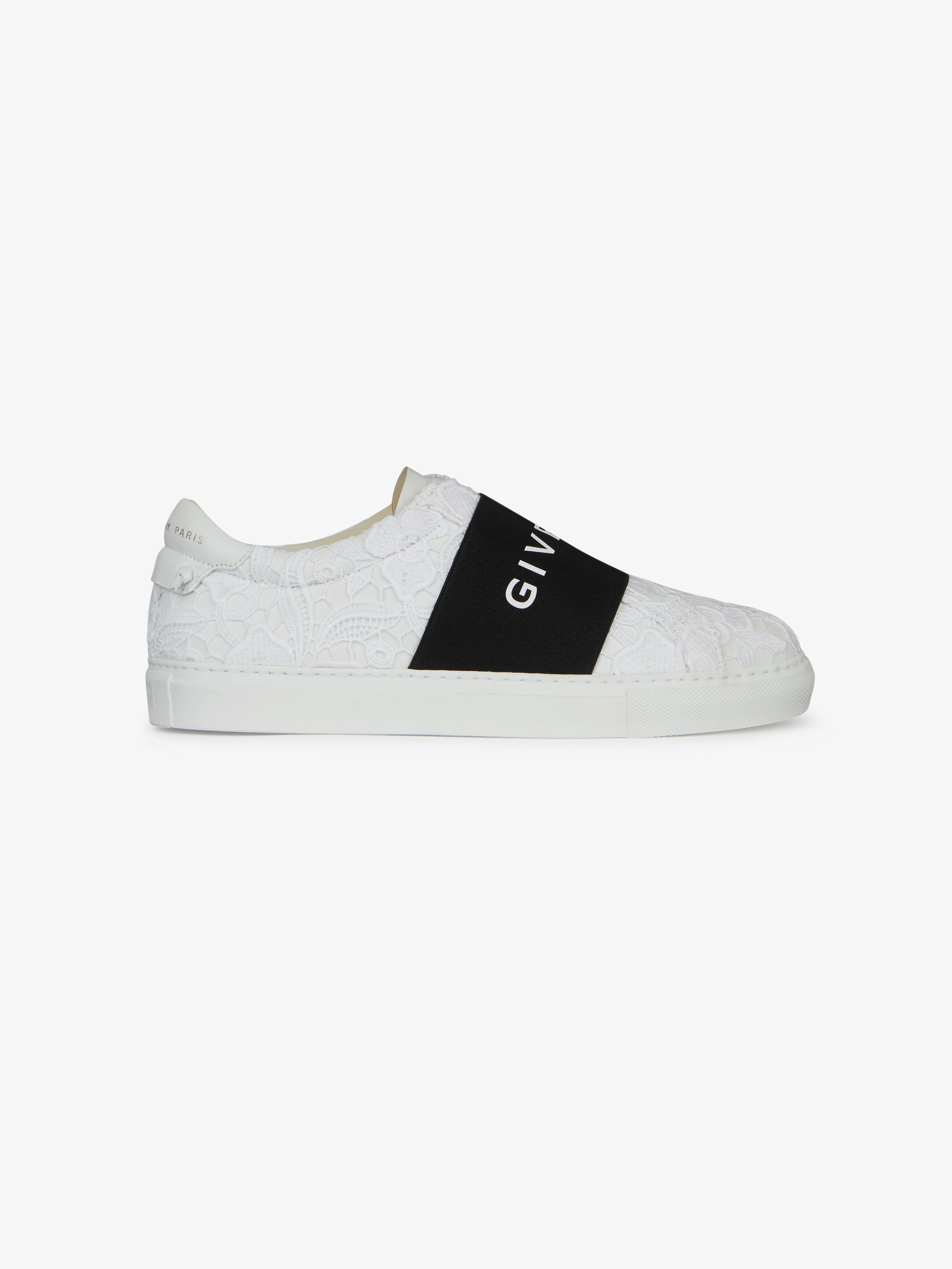 white sneaker with black band